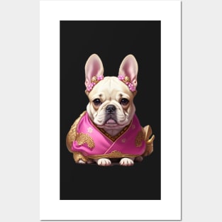 Charming Frenchie Puppy in Pink Floral Hanbok Posters and Art